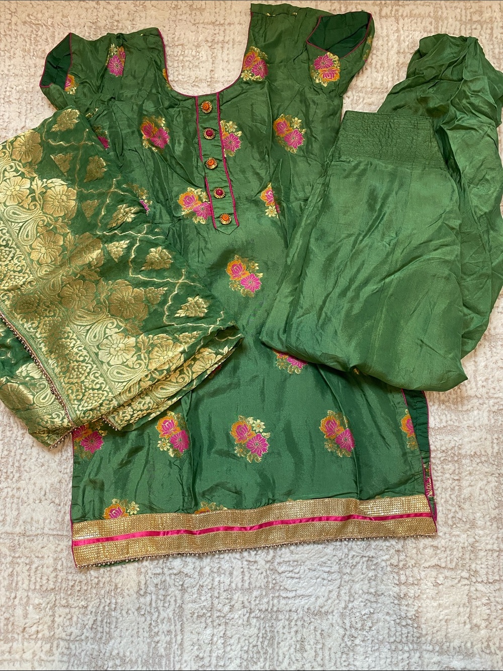 Green Floral Embroidered Women Salwar suit with Green Gold Brocade Dupatta